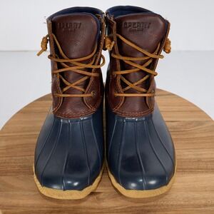 Sperry Saltwater Womens Duck Boots Navy Brown Leather STS91175 Size 9.5